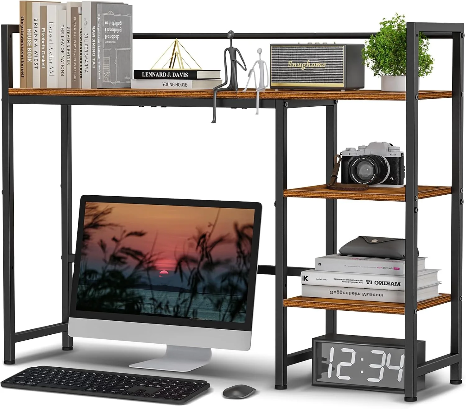 Desk Shelf, 38.6 Desktop Organizer Shelf, Desk Hutch for Computer Monitor, 4 Tier Desk Display Rack, Wood Desktop Bookshelf Storage Rack for Home Office Dorm, Rustic Brown - Image 7