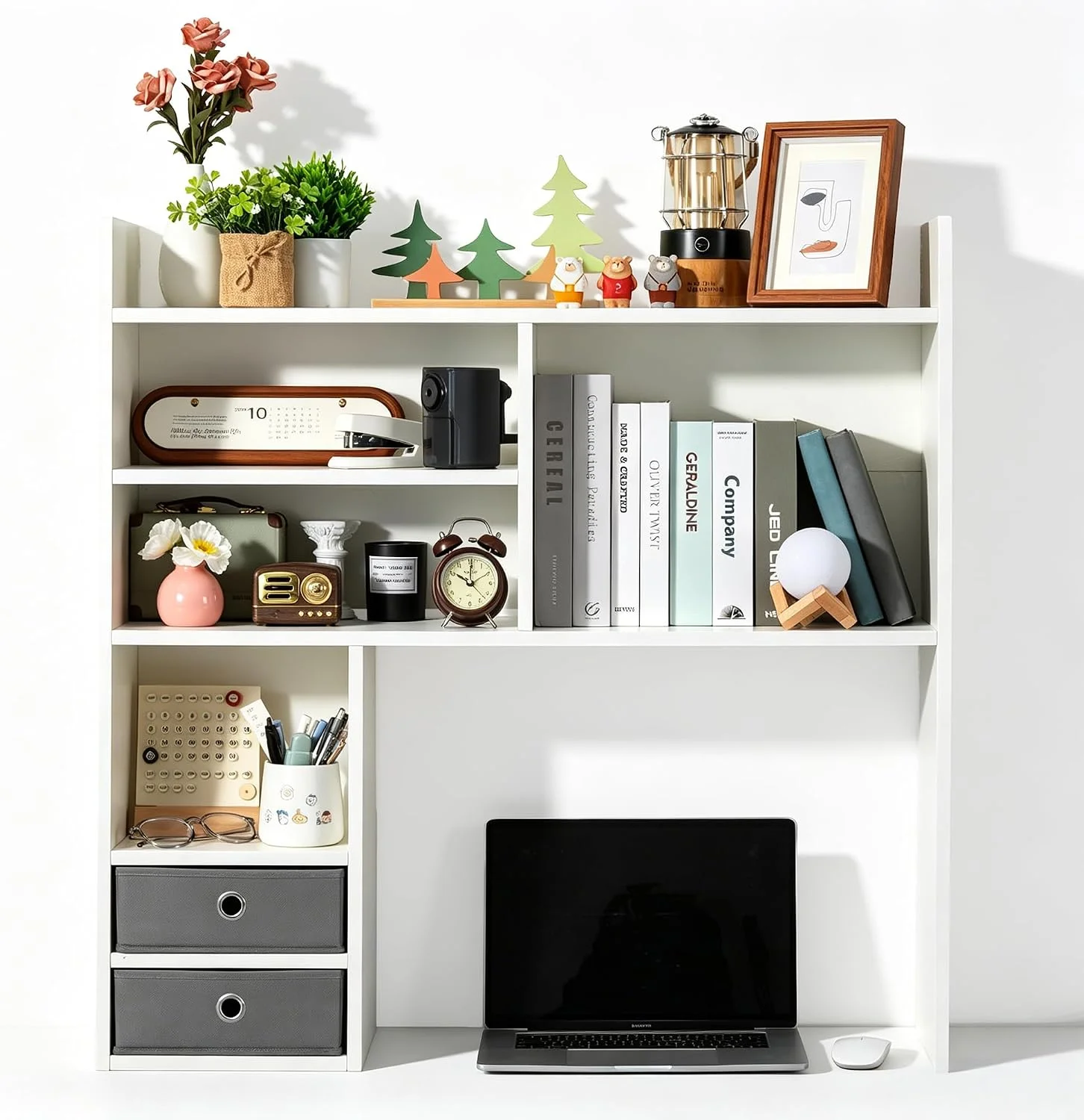 Desktop Bookshelf, High-Capacity Desk Hutch Organizer, White - Image 2
