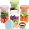 4 Pack Glass Salad Jars with Lids Meal Prep, Leakproof Container for Lunch, Two Small Built-in Boxes with Wet/Dry Separation for Salad Dressing