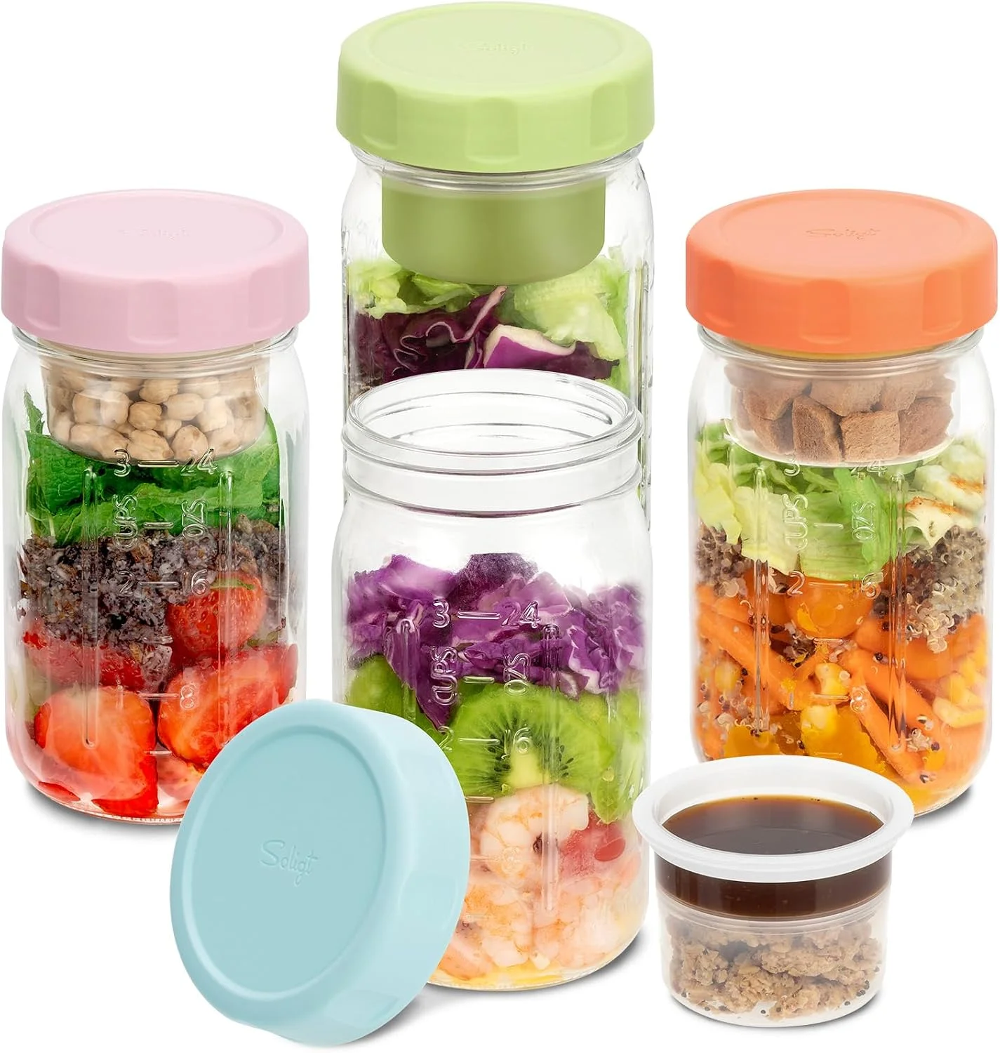 4 Pack Glass Salad Jars with Lids Meal Prep, Leakproof Container for Lunch, Two Small Built-in Boxes with Wet/Dry Separation for Salad Dressing