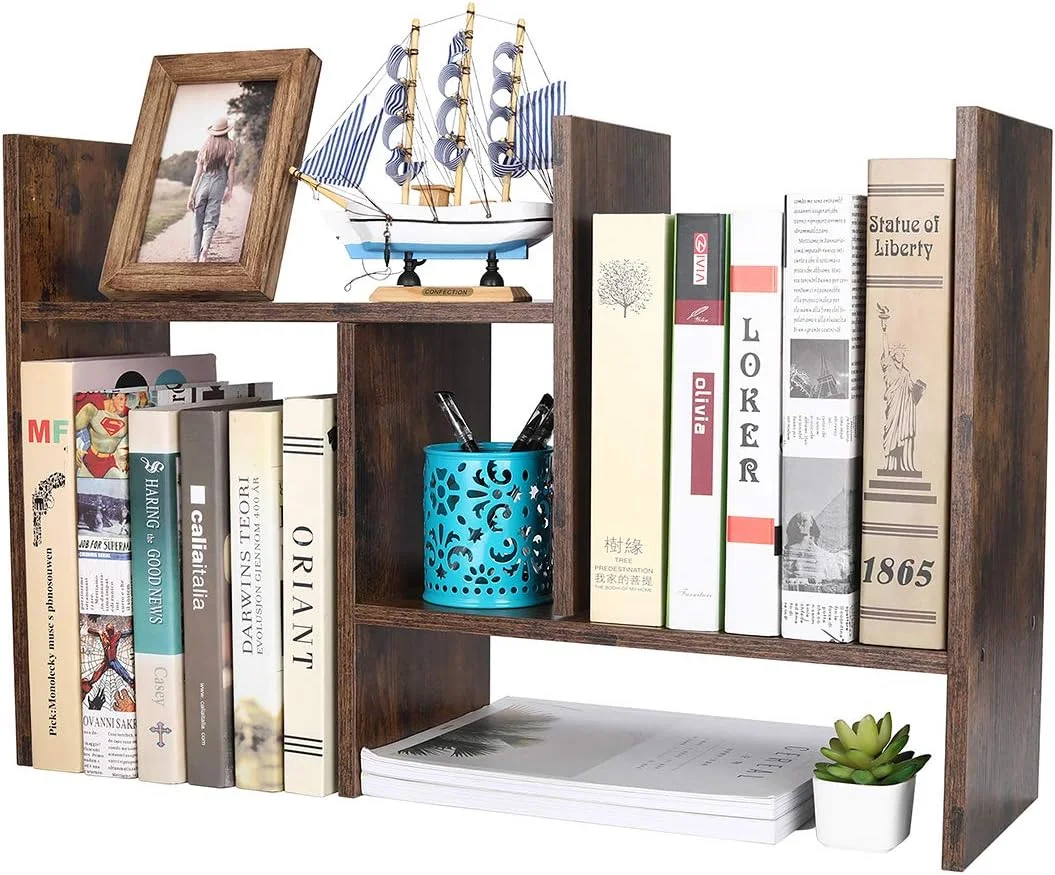 Desktop Bookshelf Freestanding Wooden Countertop Bookcase Accessories Organizer Display Rack Dorm Desk Storage Shelf - Image 7