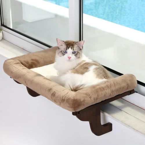 Alternative view of Cat Perch for Windowsill with Bolsters (Natural Wood/Gray, L)