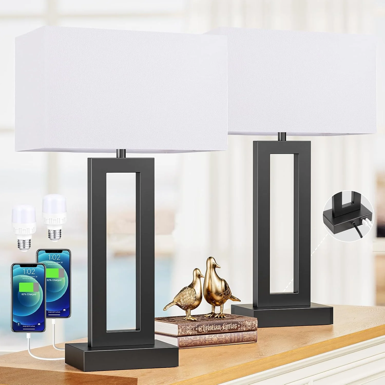 Touch Lamps for Nightstand, 3 Way Dimmable Bedroom Lamp, USB C+A