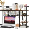 Desk Shelf, 44.9 Desktop Organizer Shelf, Desk Hutch for Computer Monitor, 4 Tier Desk Display Rack with Pegboard Hooks Set, Wood Desktop Bookshelf for Home Office Dorm