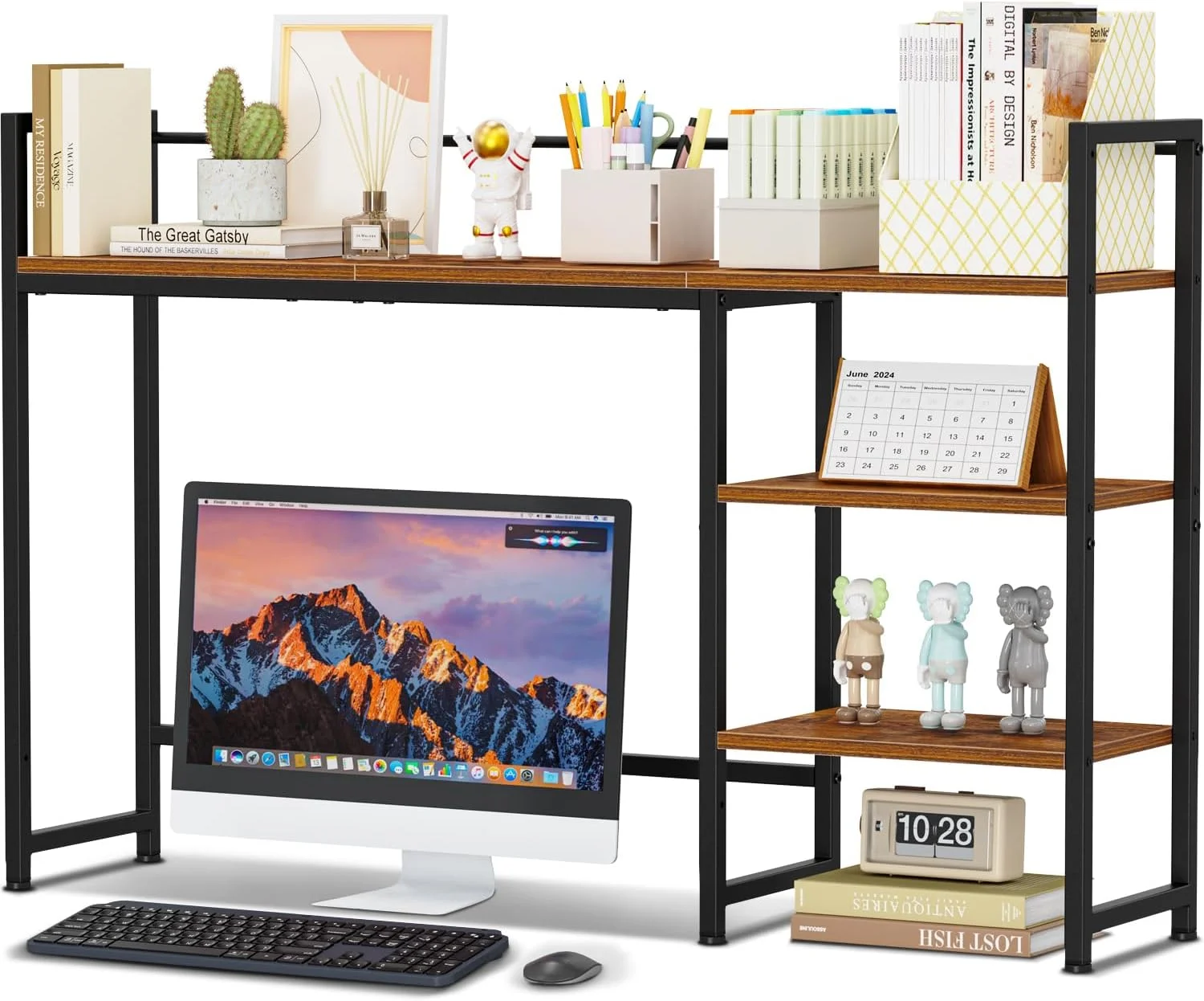 Desk Shelf, 38.6 Desktop Organizer Shelf, Desk Hutch for Computer Monitor, 4 Tier Desk Display Rack, Wood Desktop Bookshelf Storage Rack for Home Office Dorm, Rustic Brown