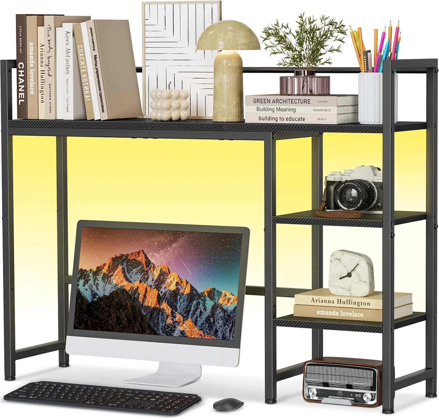 Desk Shelf, 38.6 Desktop Organizer Shelf, Desk Hutch for Computer Monitor, 4 Tier Desk Display Rack, Wood Desktop Bookshelf Storage Rack for Home Office Dorm, Rustic Brown - Image 5