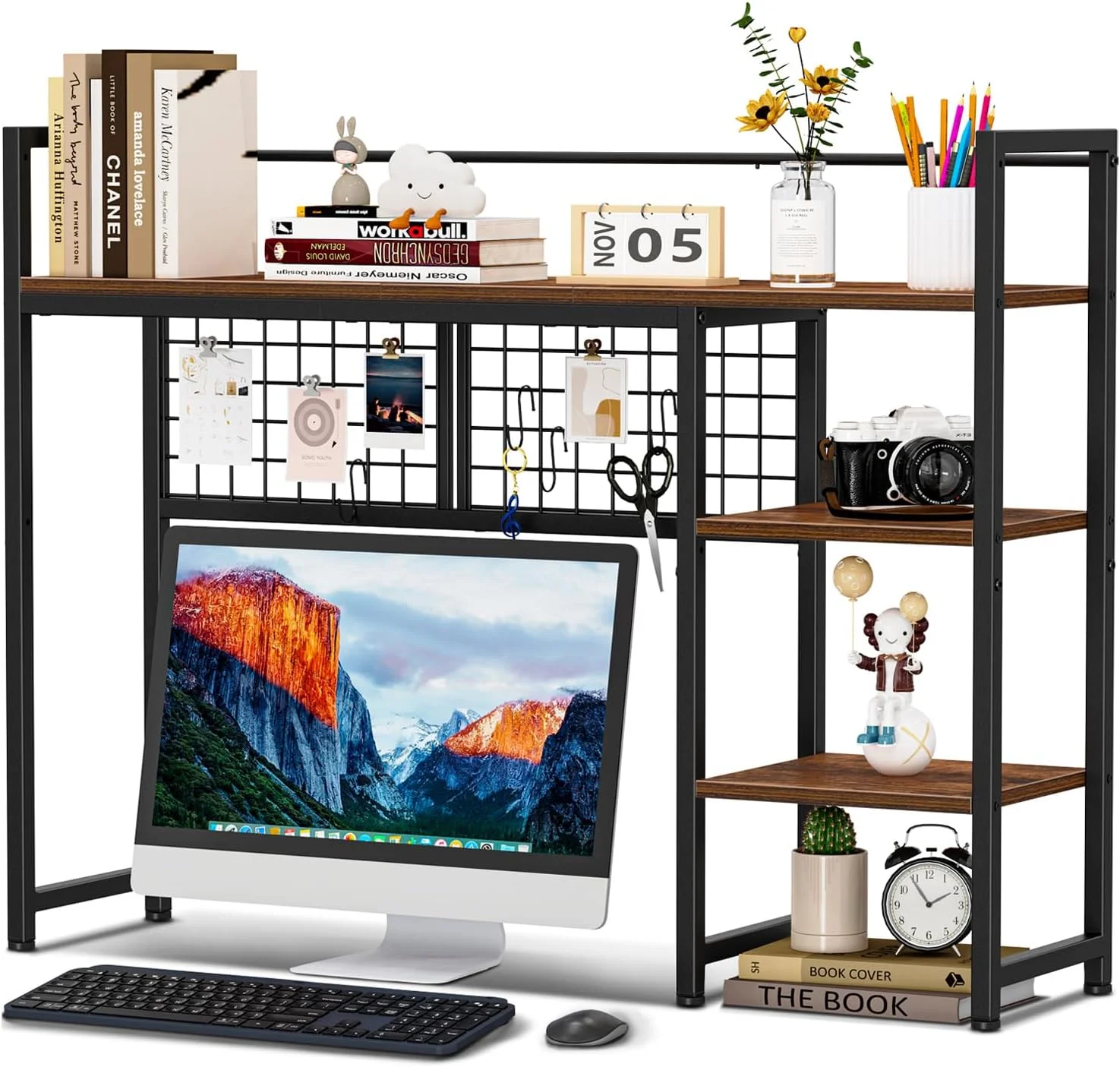 Desk Shelf, 44.9 Desktop Organizer Shelf, Desk Hutch for Computer Monitor, 4 Tier Desk Display Rack with Pegboard Hooks Set, Wood Desktop Bookshelf for Home Office Dorm - Image 5