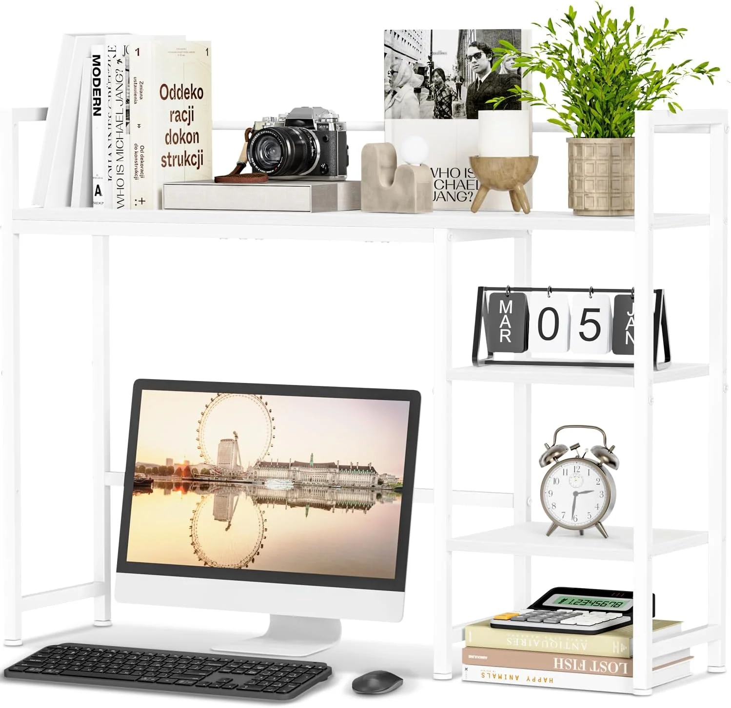 Desk Shelf, 38.6 Desktop Organizer Shelf, Desk Hutch for Computer Monitor, 4 Tier Desk Display Rack, Wood Desktop Bookshelf Storage Rack for Home Office Dorm, Rustic Brown - Image 2