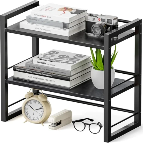 Alternative view of Office Desk Shelf Organizer, Wood Desktop Bookshelf Supplies Storage Rack, Shelf for Top of Desk and Dresser (Black-2 Tier)