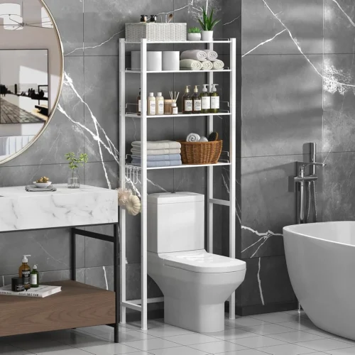 4 Tier Over The Toilet Storage Rack, Bathroom Organizer Shelves Cabinet Above Toilet, with Adjustable Height Freestanding Shelf Space Saver, Black