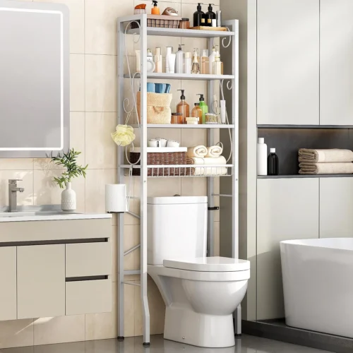 Alternative view of Storage Rack 4-Tier, Bathroom Organizer Shelf Over Toilet, Adjustable Wooden Shelves and Basket, Freestanding Above Toilet Shelf, Space Saver for Rooms(Black Rack-Rustic Brown Shelves)