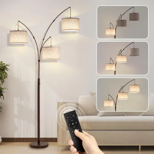 3 Light Arc Floor Lamp with Remote, Beige Shade Black Pole