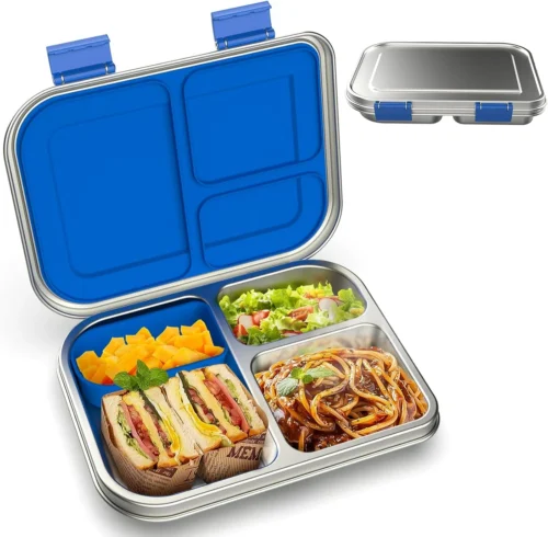 Alternative view of Stainless Steel Kids Leak-Resistant Bento Lunch Box, 3-Compartments with Silicone Container, Dishwasher-Safe, Child-Friendly Design for School