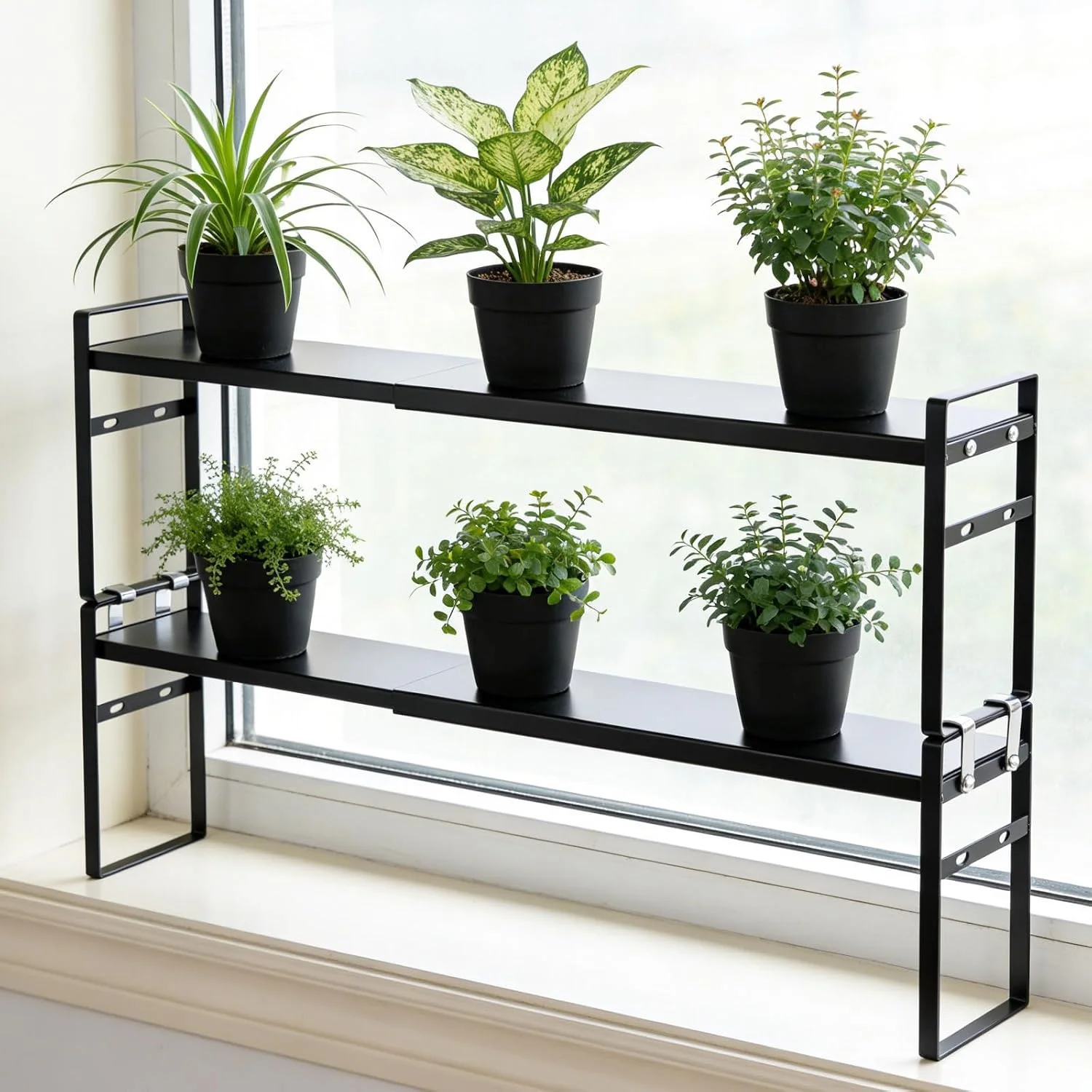 Expandable Window Sill Plant Shelf, Narrow Expandable Window Shelf for Plants Kitchen Sink Organizer Stackable Shelves for Kitchen Counter, Windowsill Plants, Bathroom Vanity (Black) - Image 2