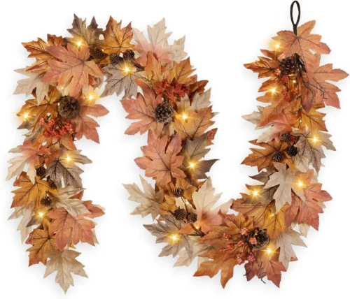 FT Lighted Fall Garland with Lights Autumn Automatic ON/Off Timer