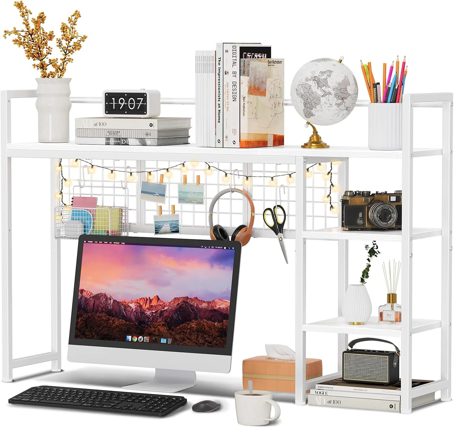 Desk Shelf, 44.9 Desktop Organizer Shelf, Desk Hutch for Computer Monitor, 4 Tier Desk Display Rack with Pegboard Hooks Set, Wood Desktop Bookshelf for Home Office Dorm - Image 6