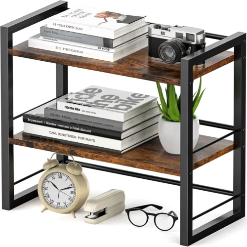 Office Desk Shelf Organizer, Wood Desktop Bookshelf Supplies Storage Rack, Shelf for Top of Desk and Dresser (Black-2 Tier)