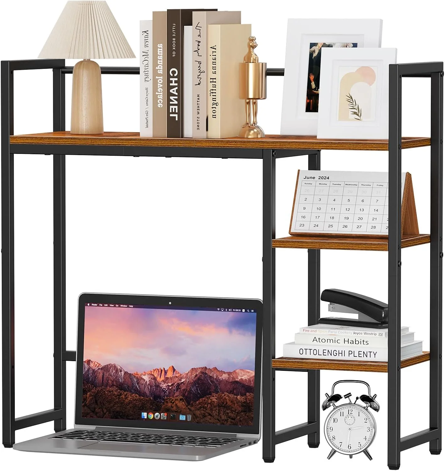 Desk Shelf, 38.6 Desktop Organizer Shelf, Desk Hutch for Computer Monitor, 4 Tier Desk Display Rack, Wood Desktop Bookshelf Storage Rack for Home Office Dorm, Rustic Brown - Image 4