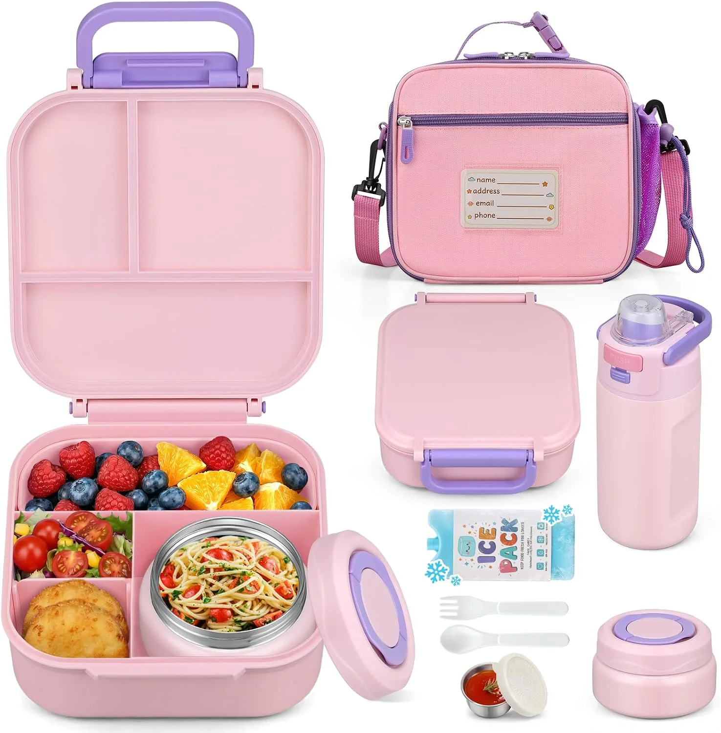 Itslife Bento Box for Kids Set, Insulated Food Container, Kids Lunch Box, 7 oz Thermos for Hot Food, 12 oz Thermos Water Bottle, Reusable Insulated Ice Bag & Fork Spoon Utensils Camping Travel Pink - Image 3