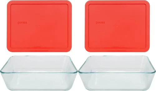 7210 3-Cup Glass Dishes & 7210-PC Red Lids (4-Pack) - Made in USA