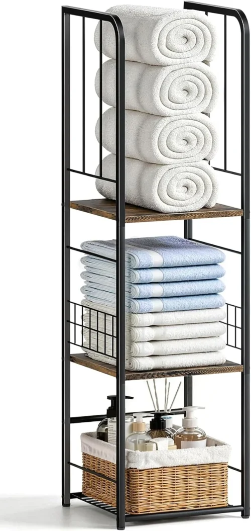 Alternative view of Narrow Towel Storage for Bathroom, 3-Tier Free Standing Bathroom Towel Rack Organizer with Shelf for Small Bath, Pool, Brown