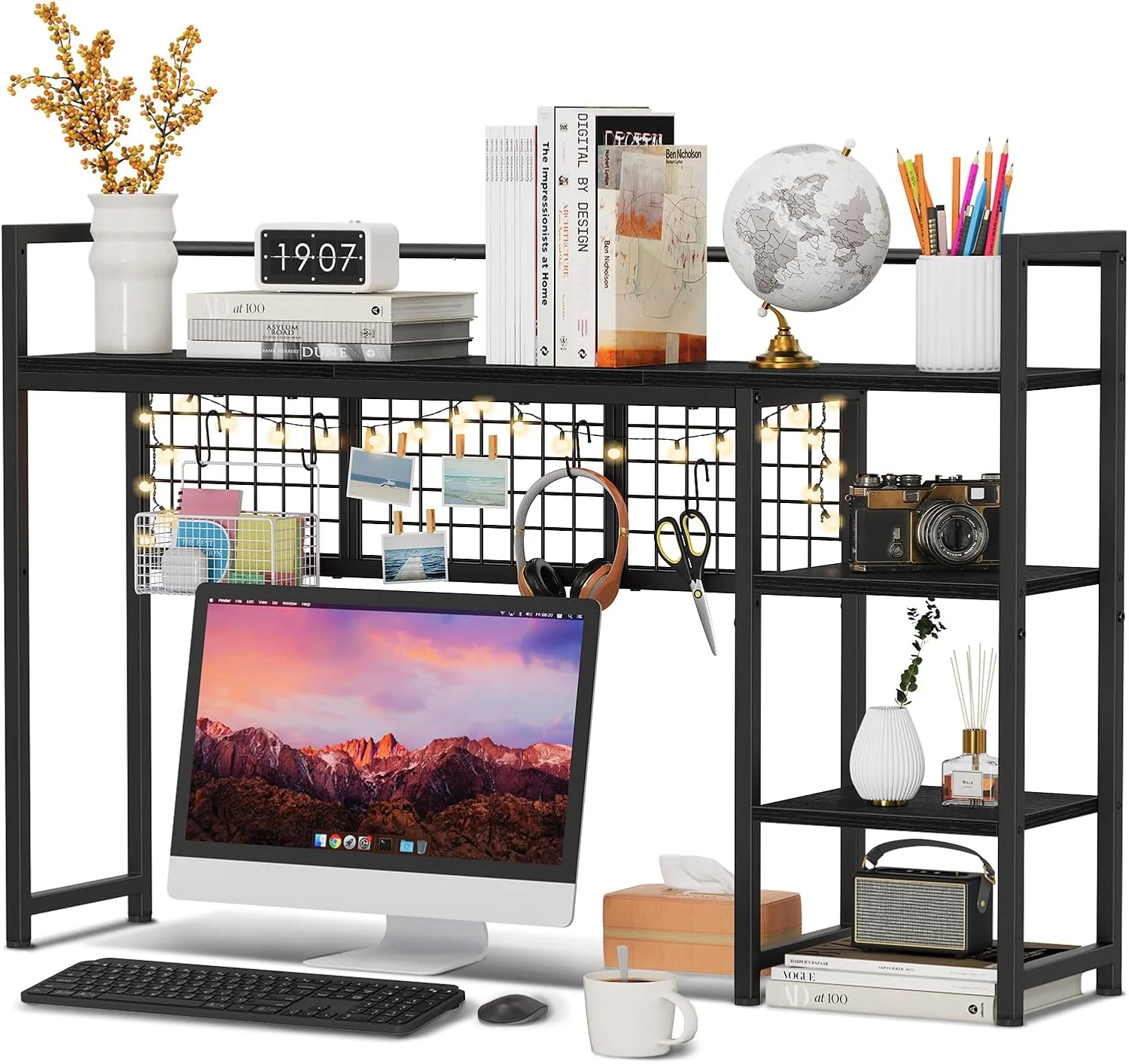Desk Shelf, 44.9 Desktop Organizer Shelf, Desk Hutch for Computer Monitor, 4 Tier Desk Display Rack with Pegboard Hooks Set, Wood Desktop Bookshelf for Home Office Dorm - Image 3