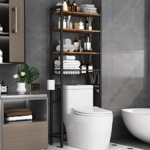 Over-The-Toilet Storage Rack, 4-Tier Bathroom Organizer Shelf Over Toilet with Adjustable Shelf and Basket, Freestanding Space Saver Bathroom Shelves Above Toilet for Room (Pure Black)