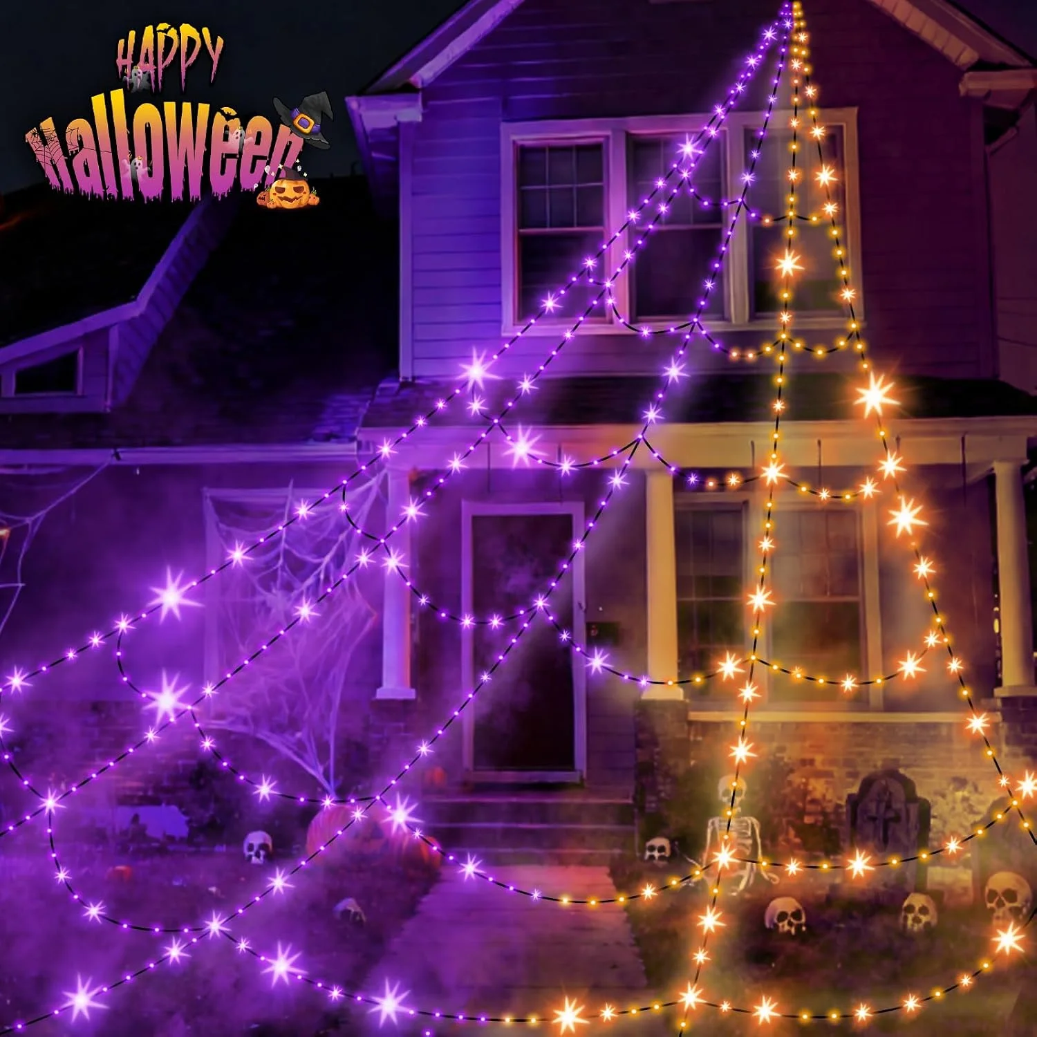 550 LEDs Halloween Decorations Outdoor Spider Web Lights with Spider - Image 2