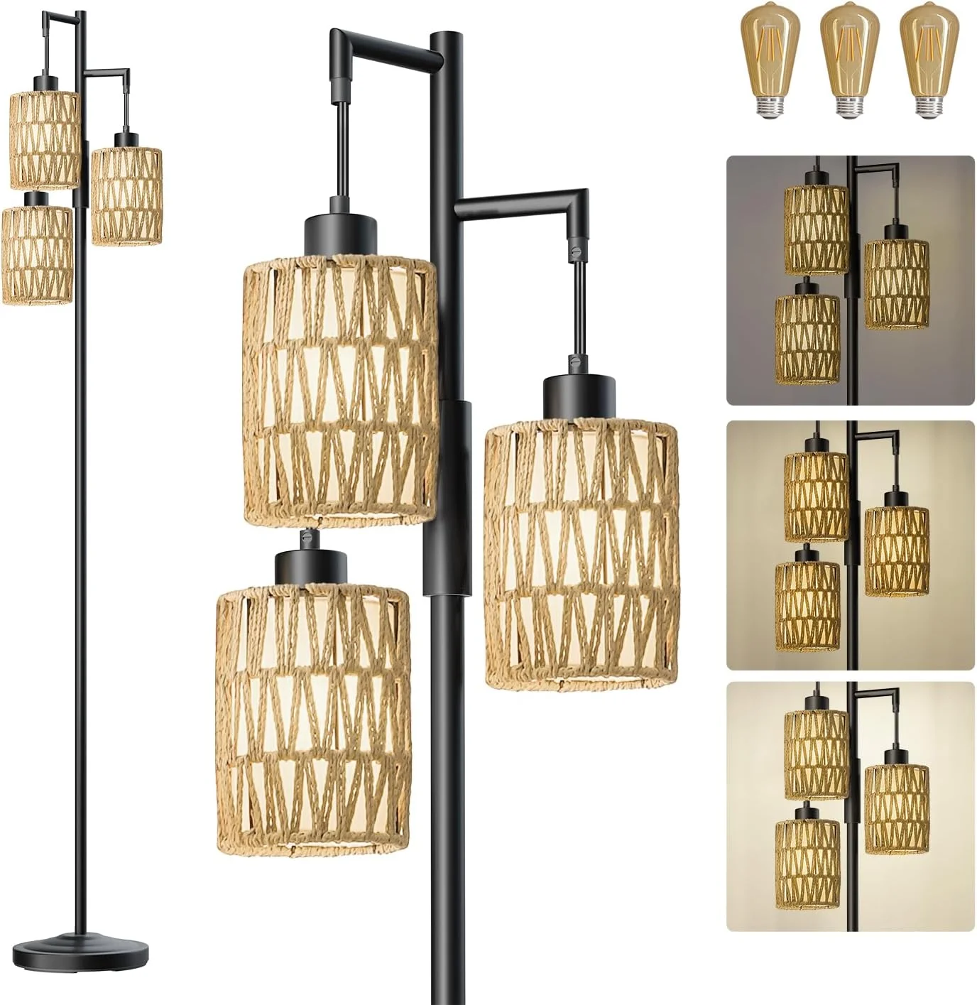 70 Industrial Floor Lamp, Stepless Dimmable Standing Lamp with 3 Bulbs, Farmhouse Corner Standing Tree Lamp for Living Room, Tall Lamps for Bedroom