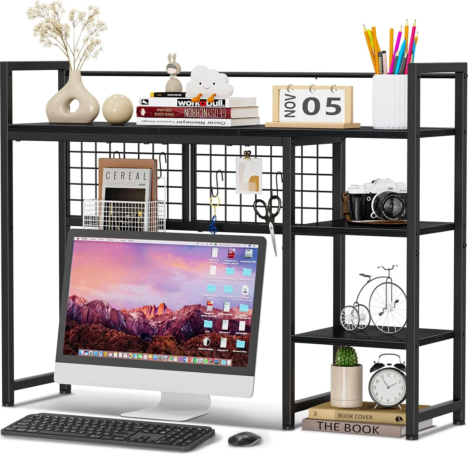 Desk Shelf, 44.9 Desktop Organizer Shelf, Desk Hutch for Computer Monitor, 4 Tier Desk Display Rack with Pegboard Hooks Set, Wood Desktop Bookshelf for Home Office Dorm - Image 4