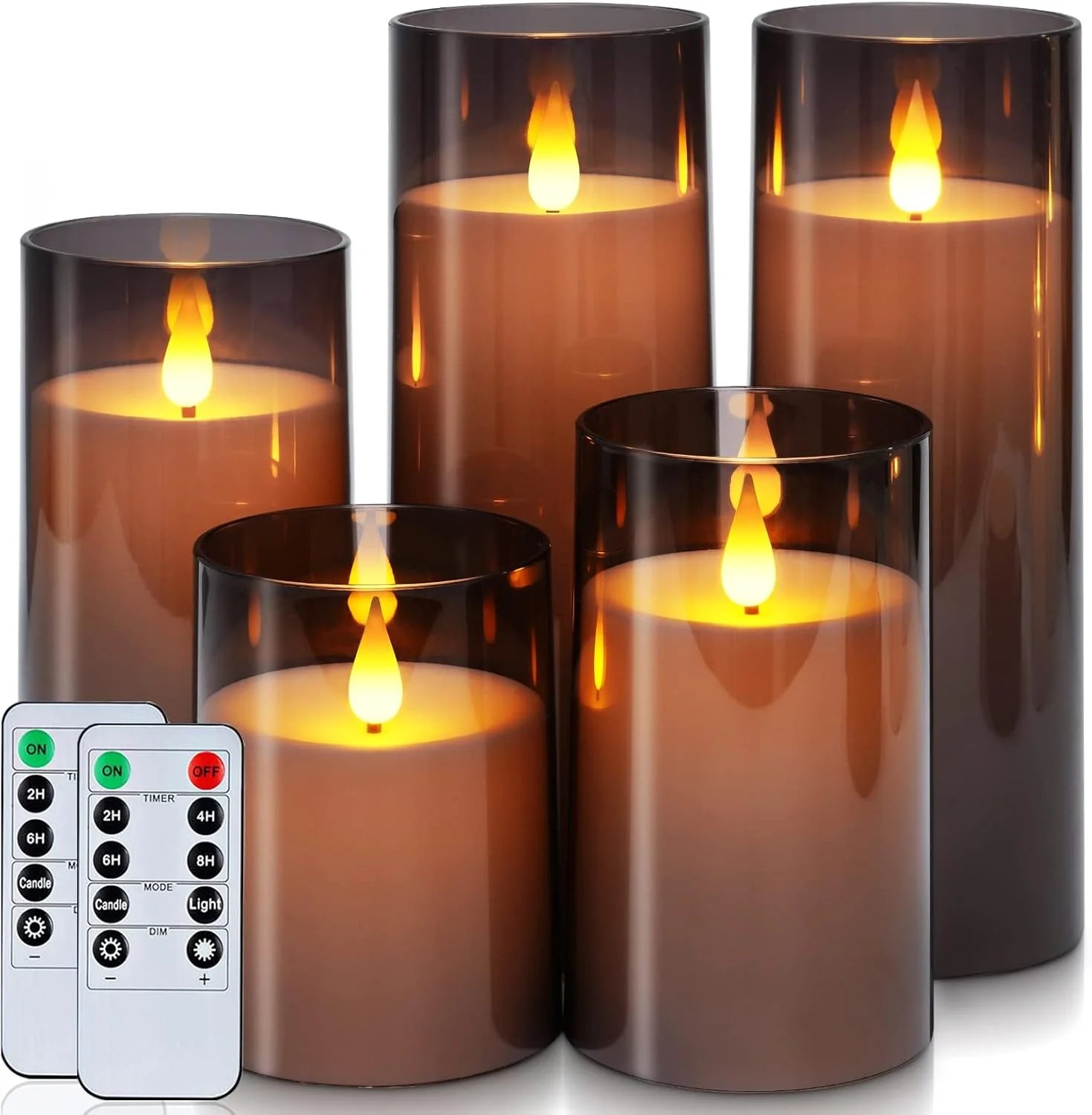 Nook Gray Flickering Flameless Candles, Battery Operated Acrylic LED Pillar Candles with Remote Control and Timer, Halloween Decor, Set of 5 - Image 4