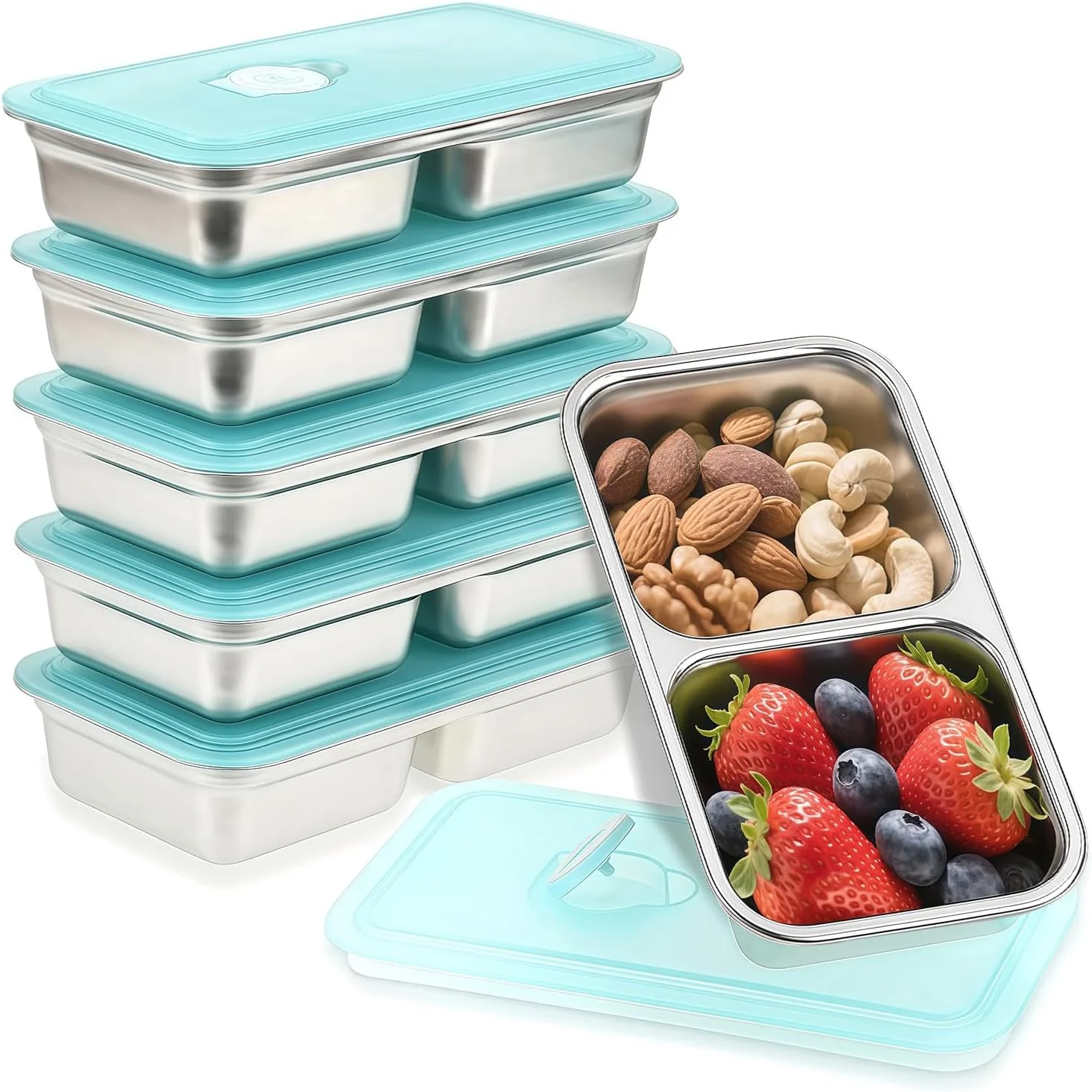 Stainless Steel Snack Containers, 6-Pack Reusable Grab and Go Containers with Lids, Dual Compartment Bento Box for Travel, Camping & Lunch Prep - Image 2