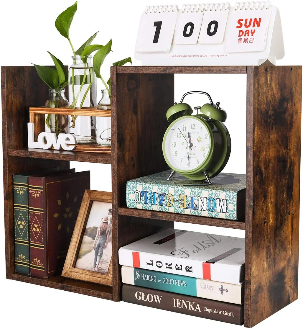 Desktop Bookshelf Freestanding Wooden Countertop Bookcase Accessories Organizer Display Rack Dorm Desk Storage Shelf