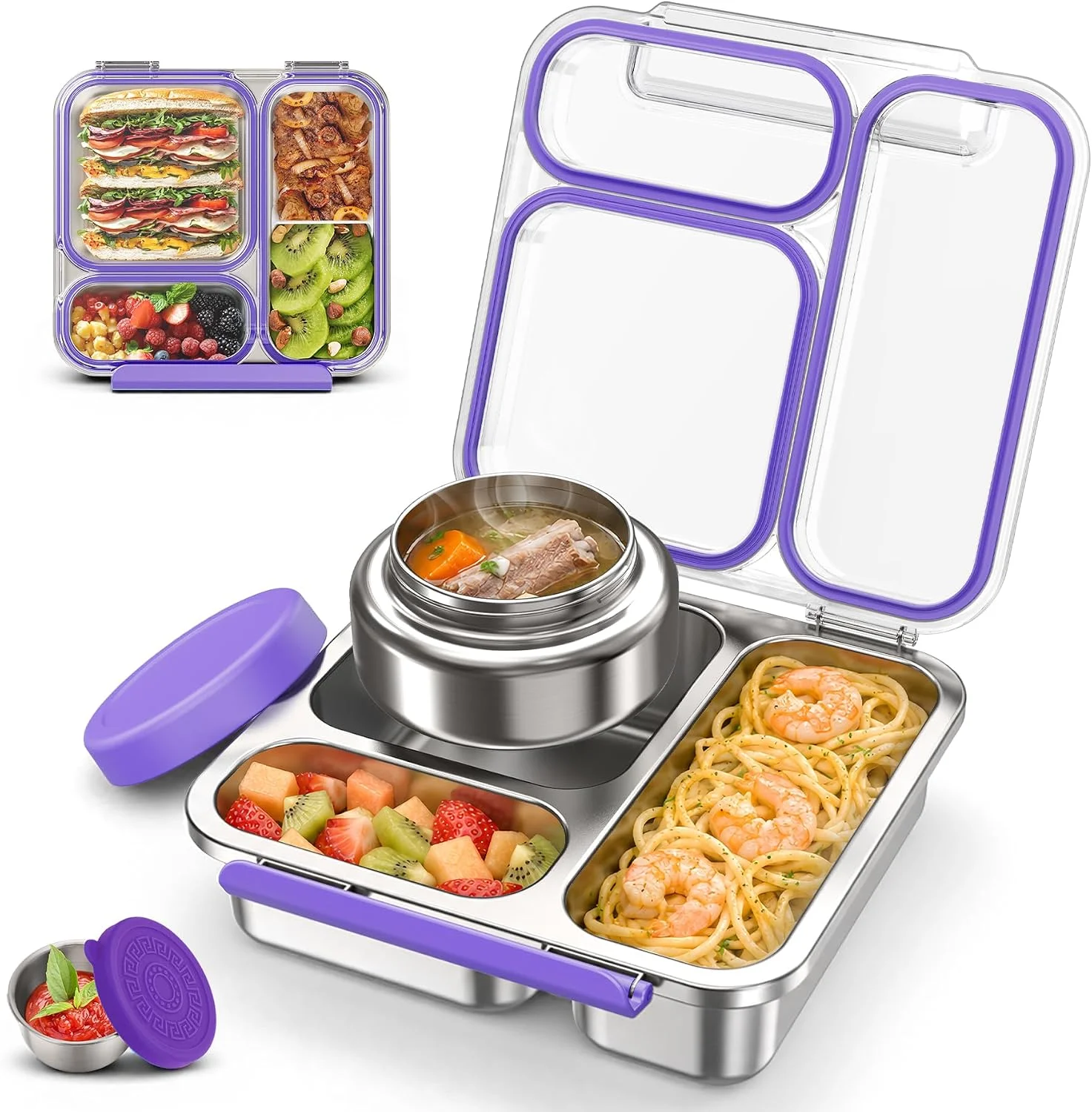 Steel Bento Box Kids Adult with 7oz Soup Thermo, Transparent Lid 3 Compartments Metal Bento Lunch Box with Insulated Food Jar - Image 4