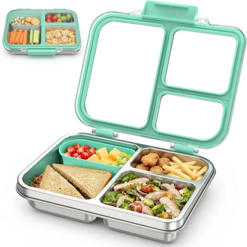 Alternative view of Stainless Steel Bento Box for Kids, 3-Compartment Metal Lunch Box with Clear Lid & Removable Silicone, Lunch Box Kids with Silicone Inner Container