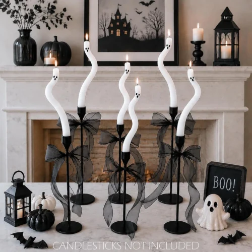 Alternative view of Halloween Decorations indoor-3Pcs Twisting Ghost Candles Decor with Candle Holders, Ribbons, Vintage Candlestick Holders Decoration