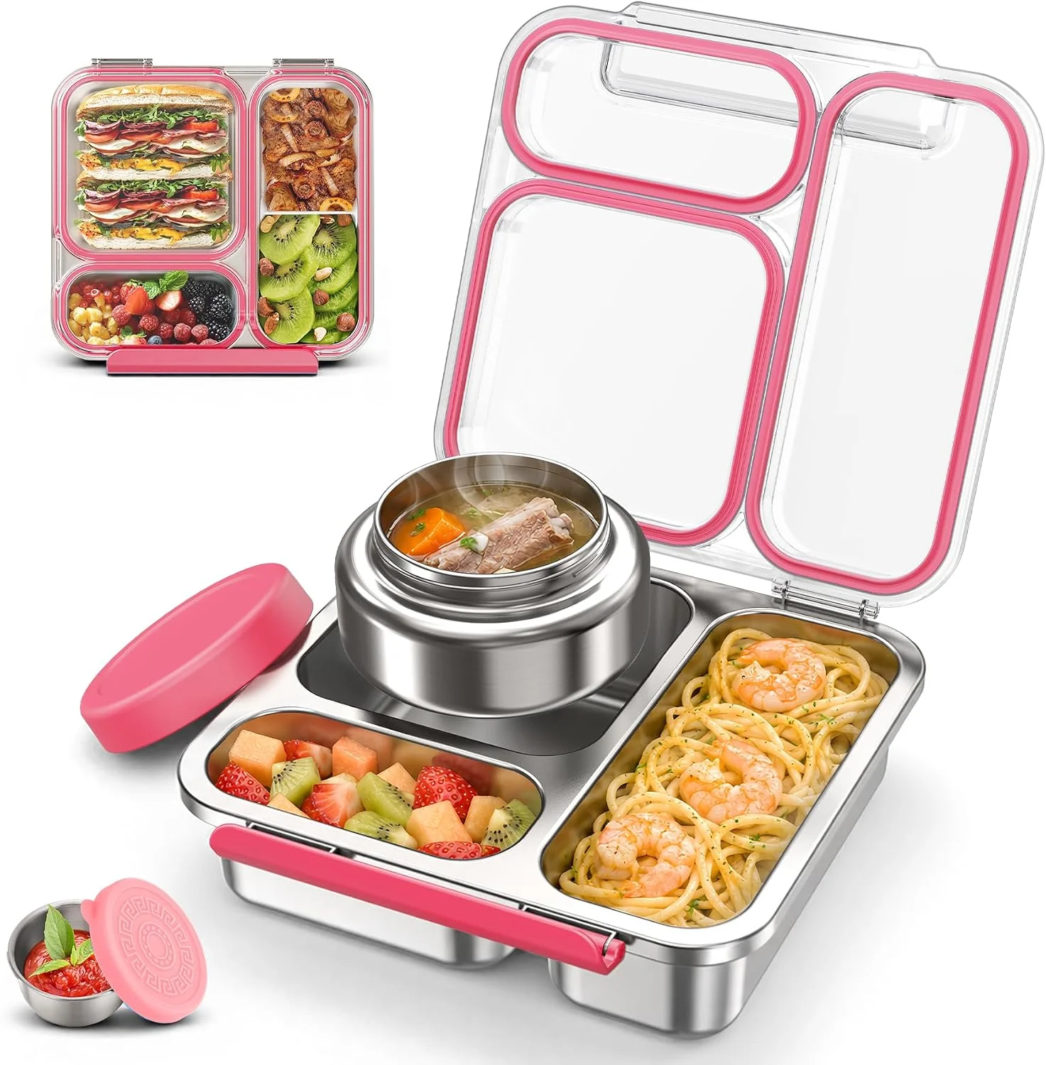 Steel Bento Box Kids Adult with 7oz Soup Thermo, Transparent Lid 3 Compartments Metal Bento Lunch Box with Insulated Food Jar - Image 2