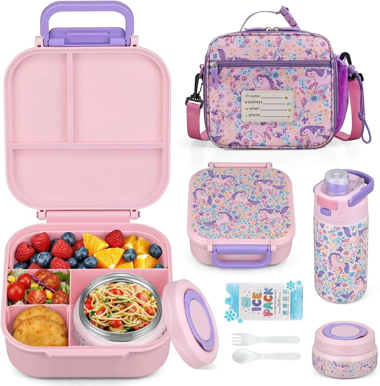 Itslife Bento Box for Kids Set, Insulated Food Container, Kids Lunch Box, 7 oz Thermos for Hot Food, 12 oz Thermos Water Bottle, Reusable Insulated Ice Bag & Fork Spoon Utensils Camping Travel Pink - Image 2