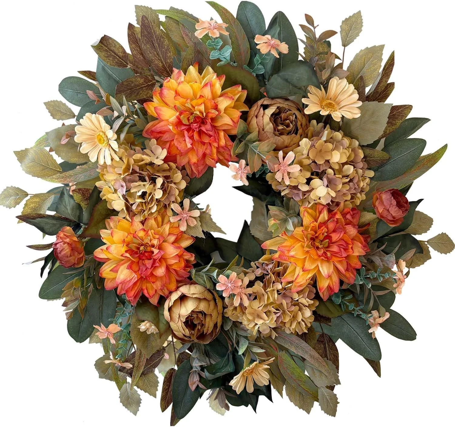 24 Inch Fall Wreaths for Front Door with Hydrangea, Mini Pumpkins - Image 2