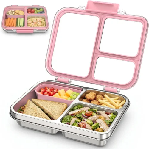 Stainless Steel Bento Box for Kids, 3-Compartment Metal Lunch Box with Clear Lid & Removable Silicone, Lunch Box Kids with Silicone Inner Container