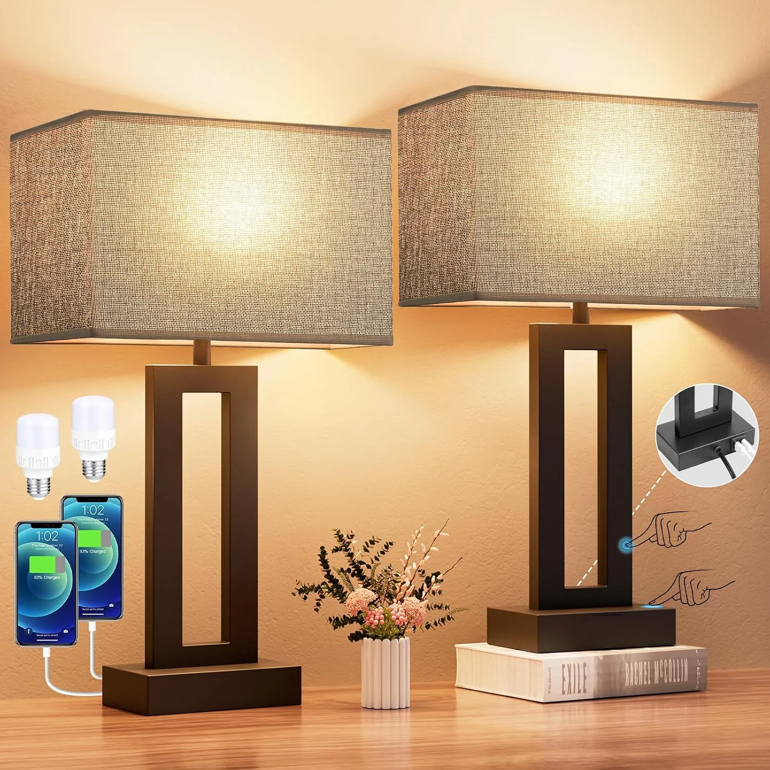Touch Lamps for Nightstand, 3 Way Dimmable Bedroom Lamp, USB C+A - Image 3