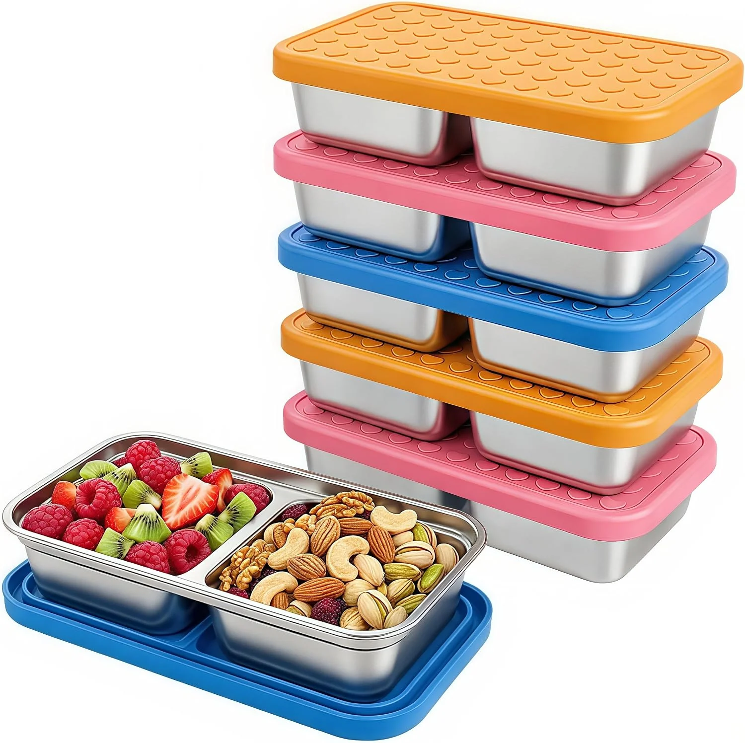 Stainless Steel Snack Containers, 6-Pack Reusable Grab and Go Containers with Lids, Dual Compartment Bento Box for Travel, Camping & Lunch Prep - Image 3
