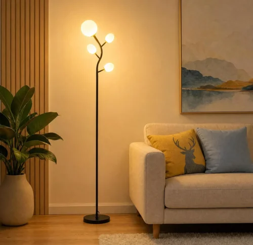 3 Globe Floor Lamp Mid Century Modern, Gold Standing Lamp with Frosted Glass Shade & LED Bulbs, Tall Pole Light with Foot Switch for Living Room