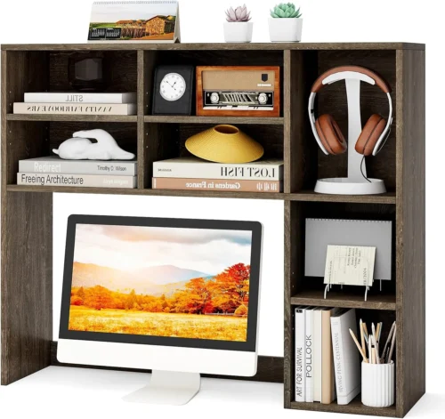 Desktop Bookshelf, Countertop Storage Hutch with 5 Shelves for Computer Desk, 3-Tier Display Rack, Multipurpose Wood Storage Organizer for Dorm Office Home
