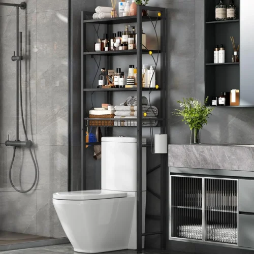 Alternative view of Over-The-Toilet Storage Rack, 4-Tier Bathroom Organizer Shelf Over Toilet with Adjustable Shelf and Basket, Freestanding Space Saver Bathroom Shelves Above Toilet for Room (Pure White)