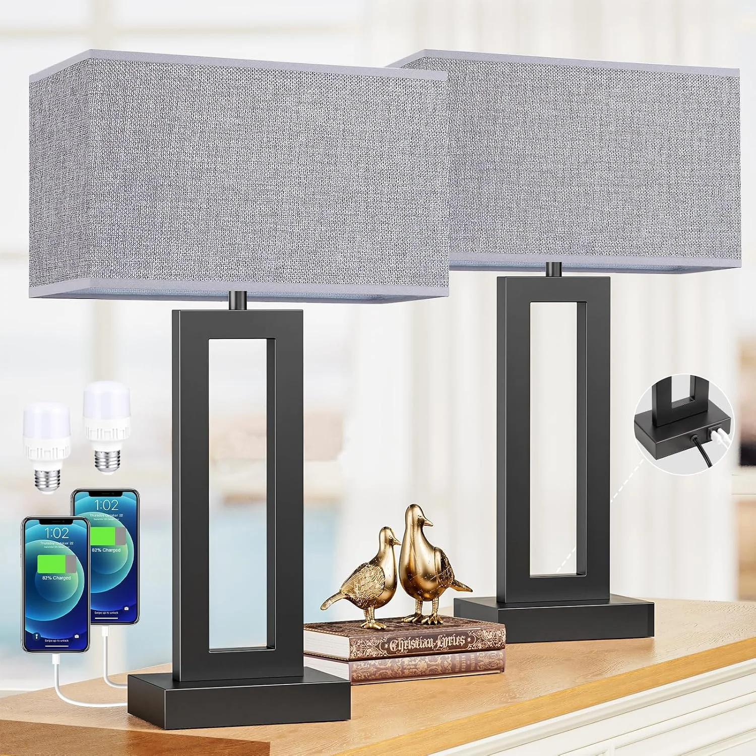 Touch Lamps for Nightstand, 3 Way Dimmable Bedroom Lamp, USB C+A - Image 2
