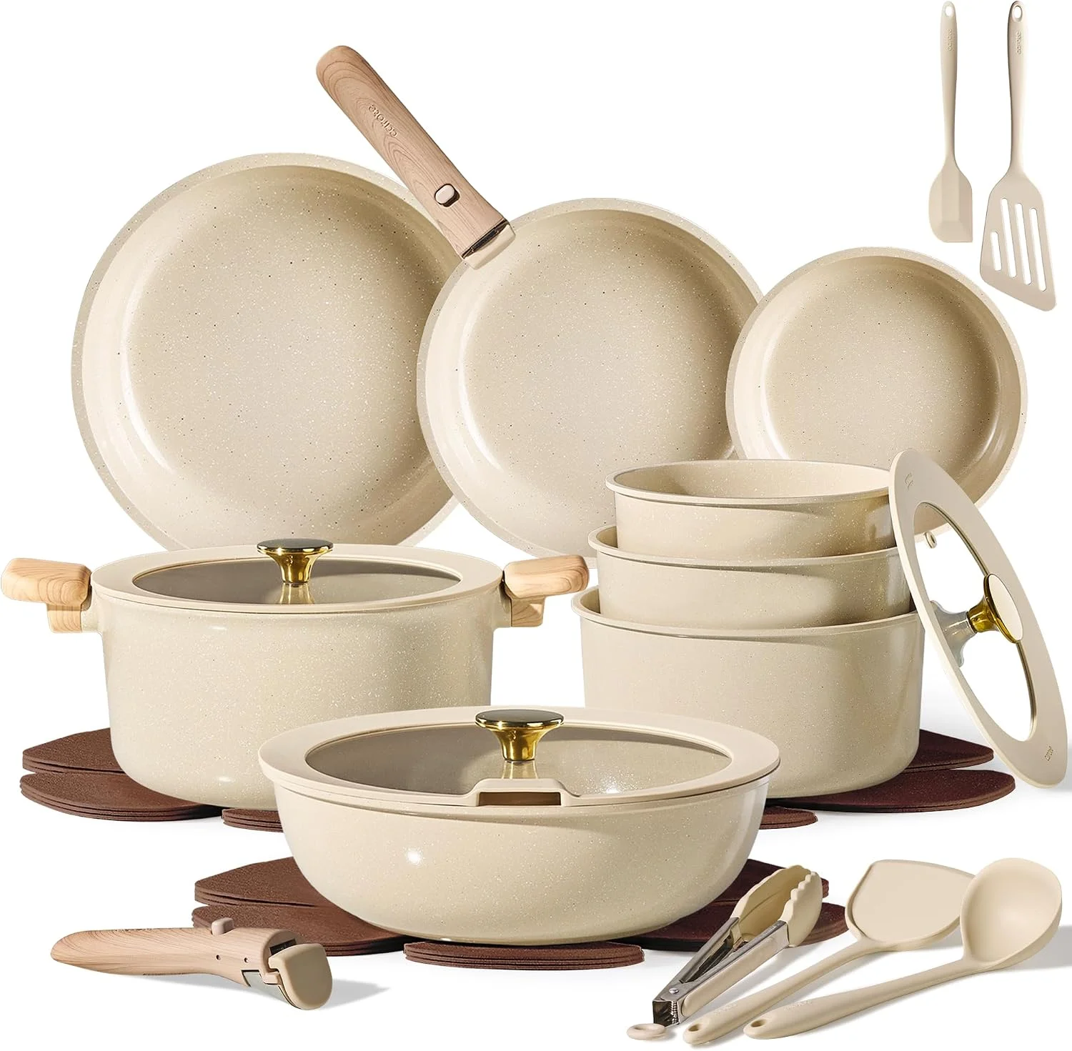 CAROTE 25pcs Ceramic Cookware Set, Pots and Pans Set with Detachable Handle