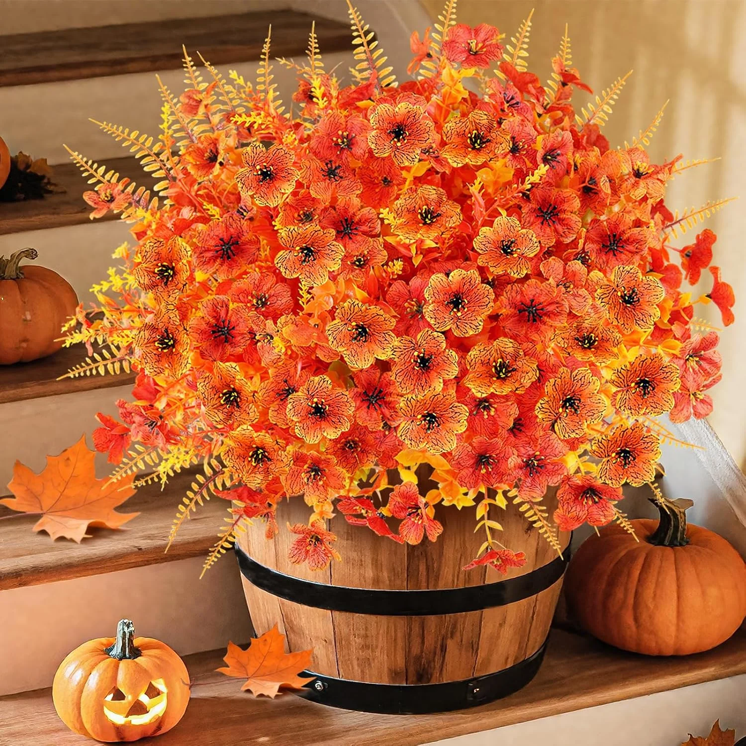 24PCS Artificial Fall Flowers for Outdoors, Fake Mums, Orange - Image 3