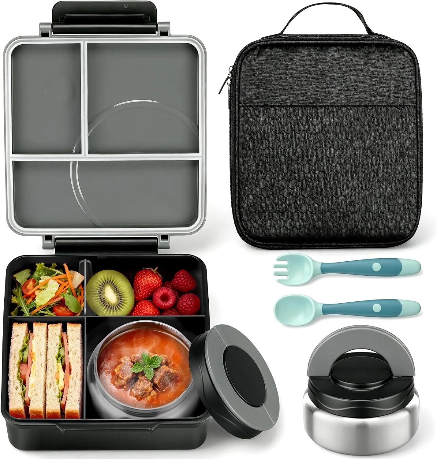 Itslife Bento Lunch Box for Kids with 8oz Soup Thermo&Lunch Bag, Leak-Proof Lunch Food Containers with 4 Compartment, Hot Food Insulated Food Jar for Kids School (Black) - Image 4