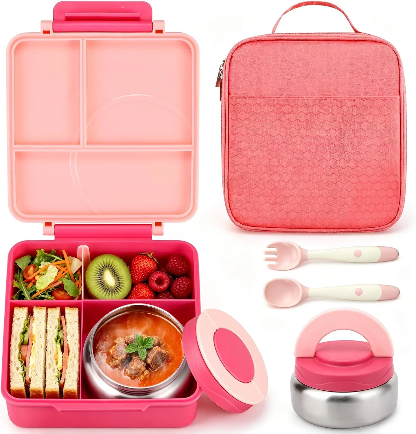 Itslife Bento Lunch Box for Kids with 8oz Soup Thermo&Lunch Bag, Leak-Proof Lunch Food Containers with 4 Compartment, Hot Food Insulated Food Jar for Kids School (Black)